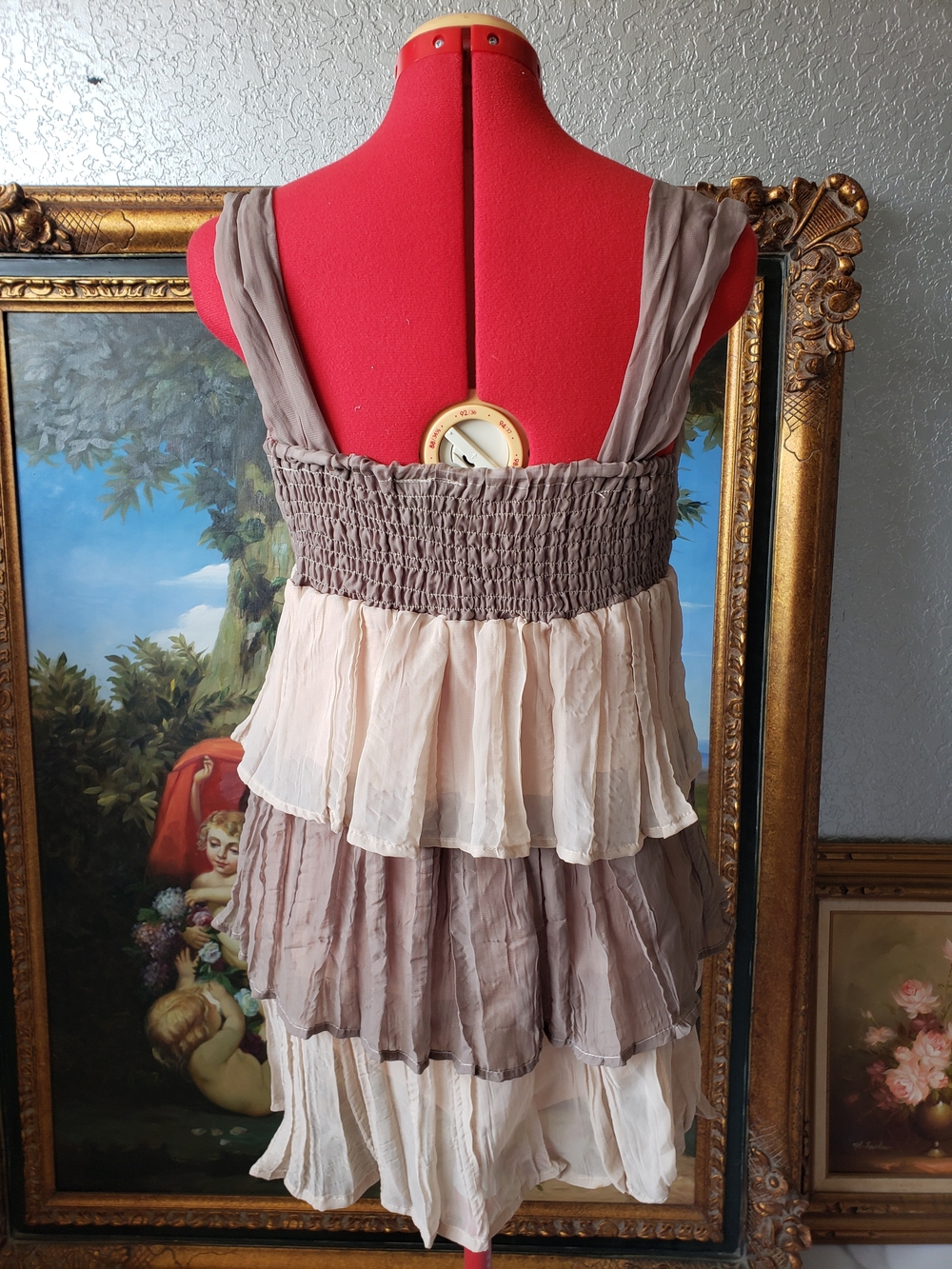 Chesley Taupe and Cream Tiered Rosette Chiffon Mini Dress - Picture 3 of 4